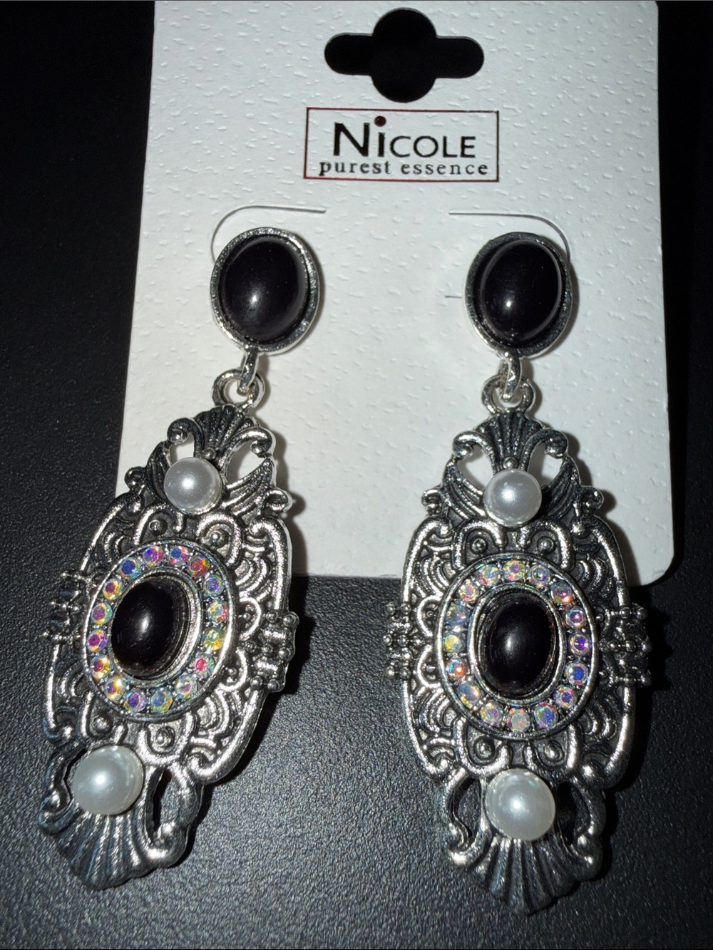 Nicole Silver-Tone Black, Pearl & Aurora Crystal Drop Earrings